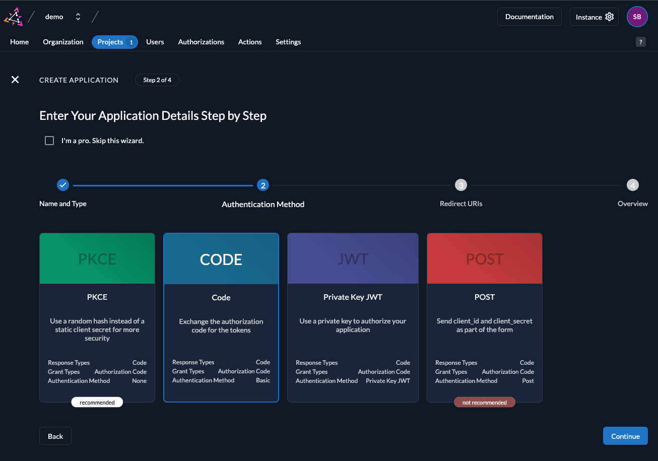 Configure app authentication method in console